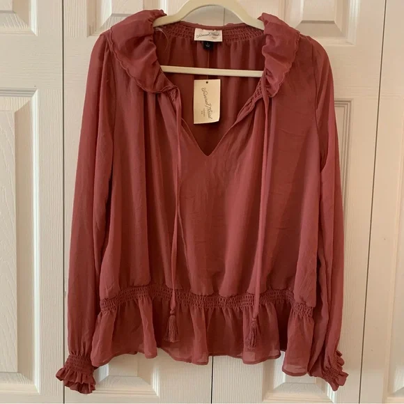 Universal Thread Long Sleeve Lined with Tassels Dusty Rose Blouse NWT Size S - Picture 2 of 15